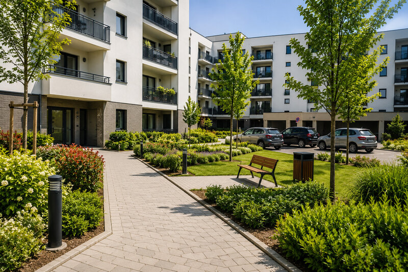 Espaces verts et parties communes extérieures entretenus dans une copropriété résidentielle