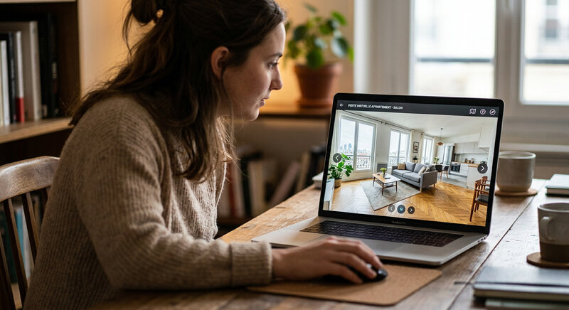 Personne ordinateur visite virtuelle immobili&egrave;re 