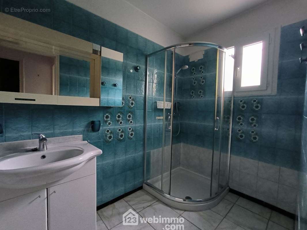 Une salle d&#039;eau de 4 m² avec douche, vasque sur meuble et radiateur sèche serviette - Maison à NOYANT-ET-ACONIN