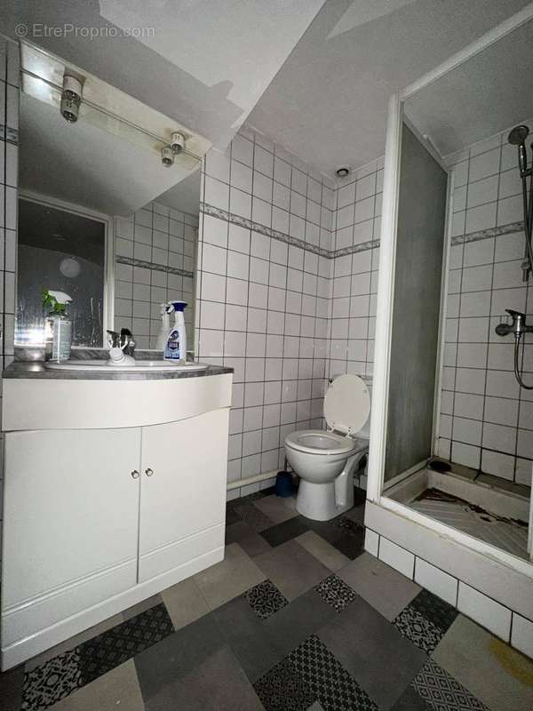 La salle de bains avec vasque sur meuble, une douche et un wc - Maison à LAON