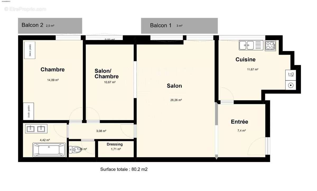 Appartement a vendre  - 3 pièce(s) - 80.2 m2 - Surfyn