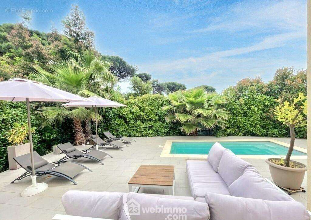 Une vue privilégiée sur l?espace piscine, entre palmiers et ciel azur. - Maison à SAINTE-MAXIME