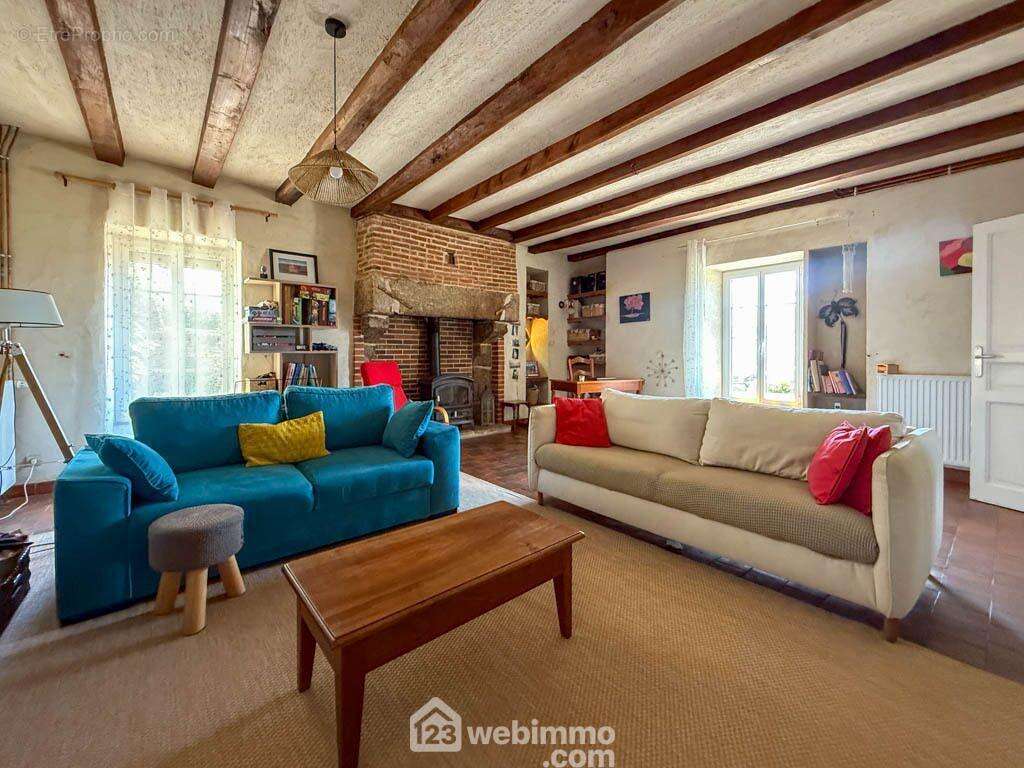 d'un salon d'une surface de 33 m² avec poêle à bois. - Maison à POUZAUGES