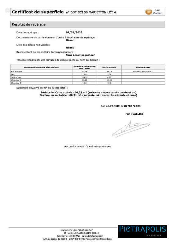 CERTIFICAT CARREZ - Appartement à LYON-9E